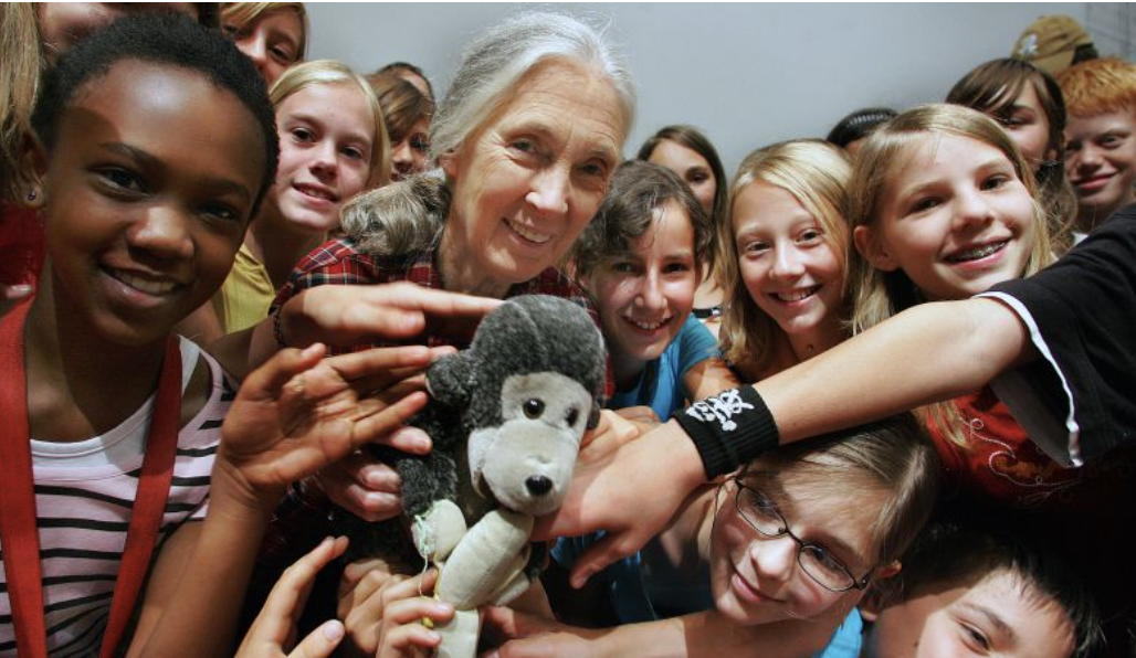 Jane Goodall with young Roots and Shoots changemakers