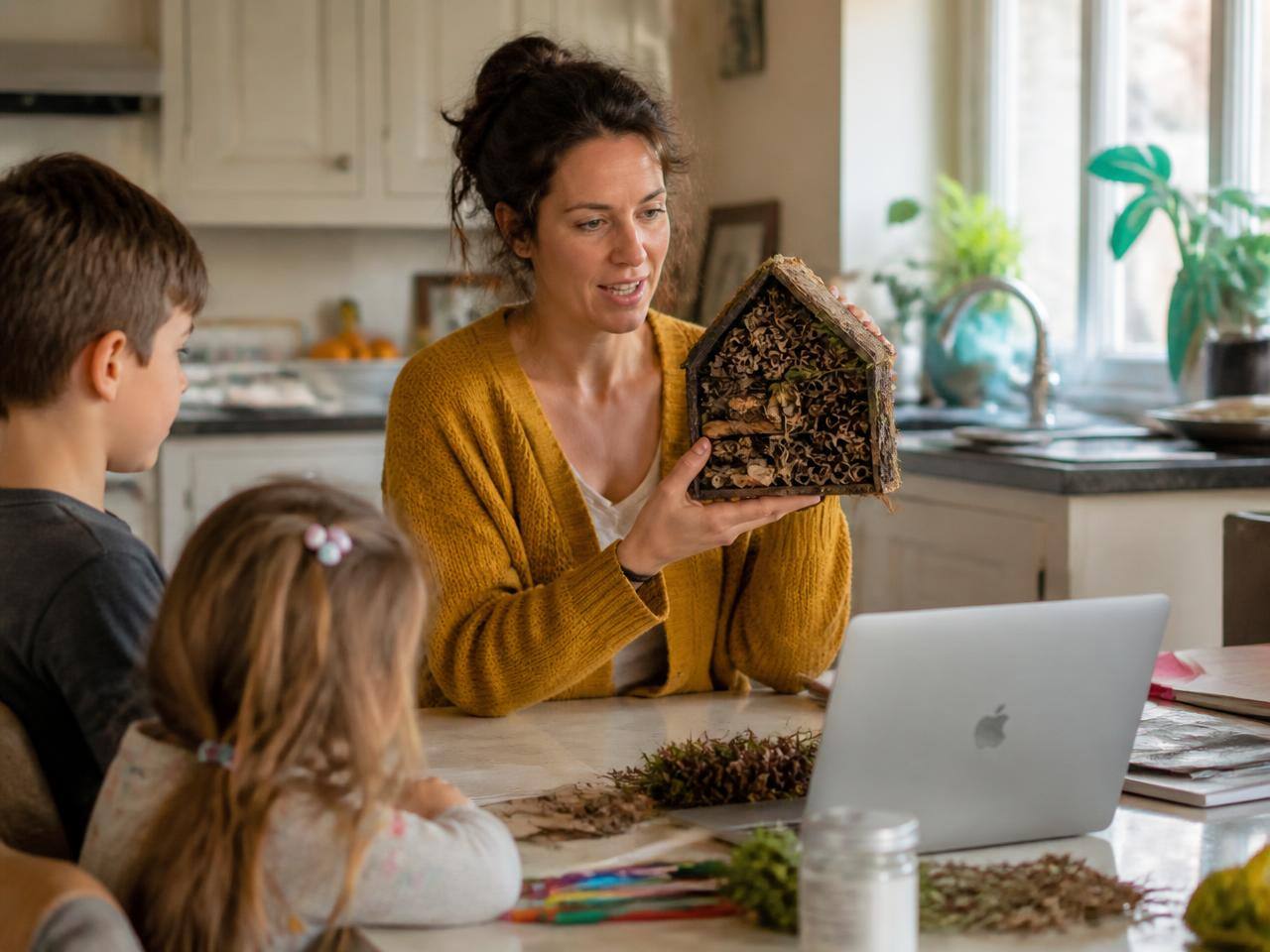 Sara, a guest teacher, showing children how to build a bug hotel during a live online class