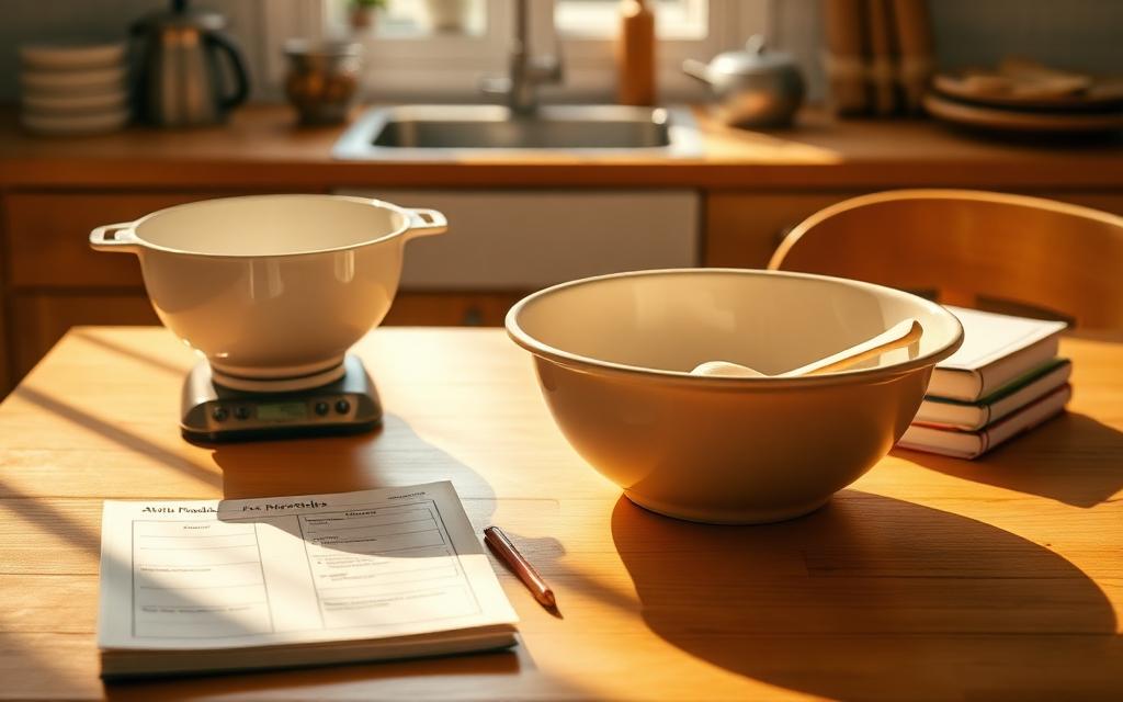 A kitchen table with baking bowls, scales and a workbook