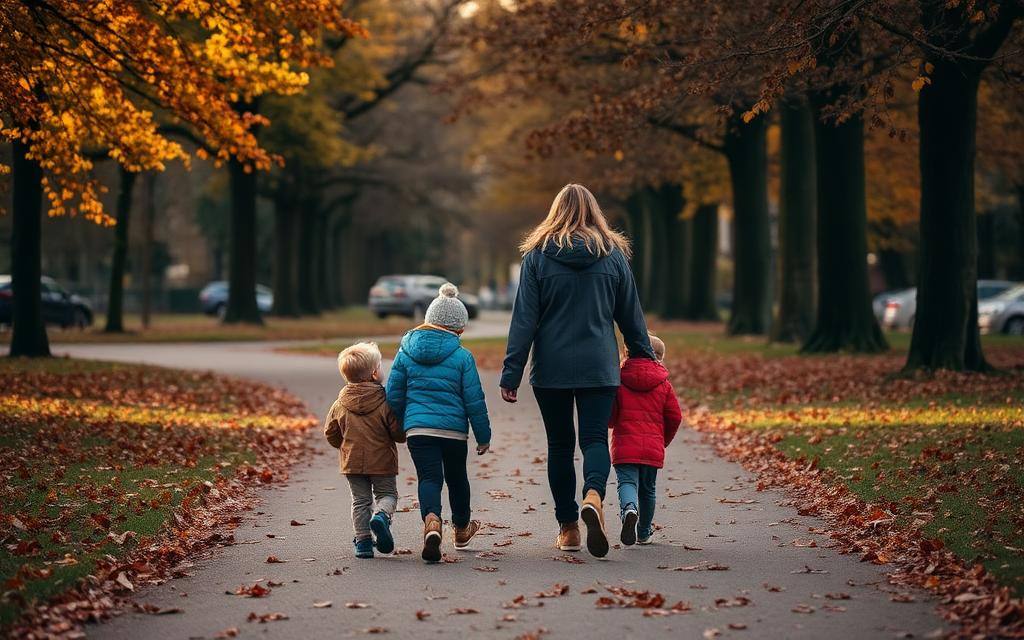 A parent and two children walking through an autumn park