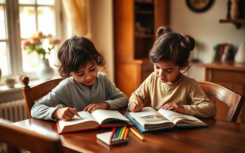 Two children working through books at a dining table at home