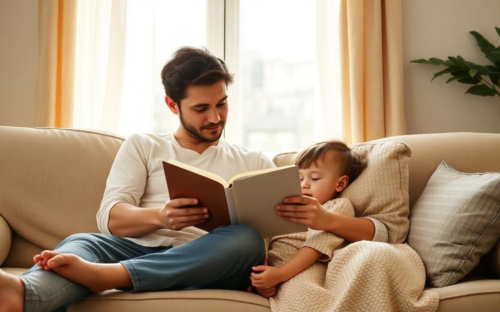 A parent reading on the sofa with a child resting beside them