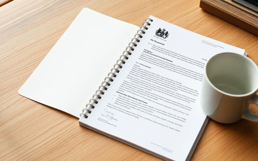 An official letter and notebook on a wooden desk