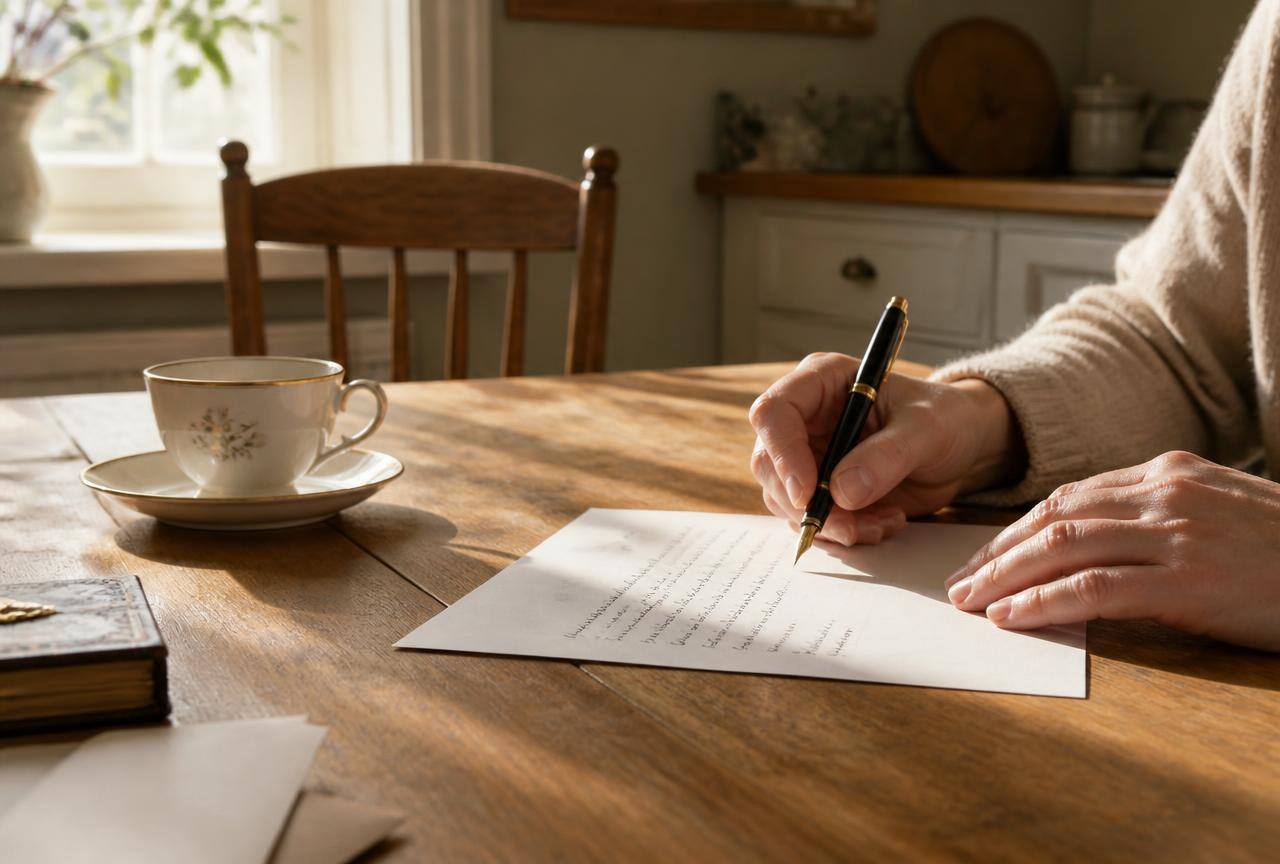 A parent writing a letter at a sunlit wooden table with a cup of tea