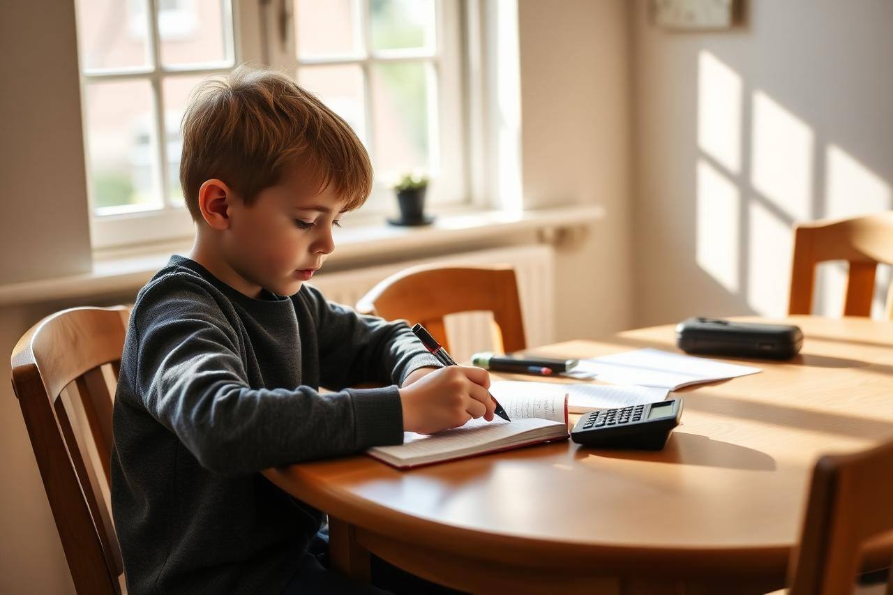 A teenager reading exam papers at a sunlit kitchen table