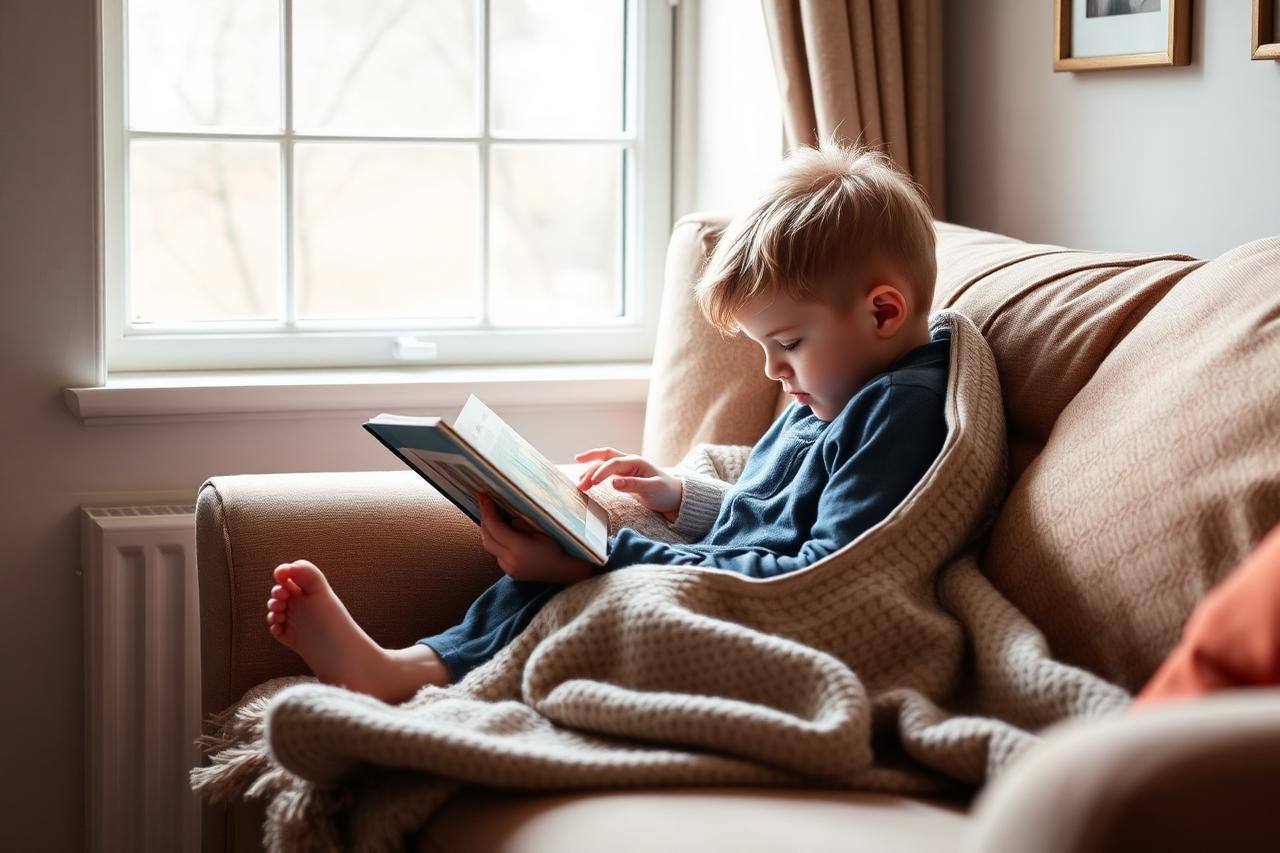 A parent and child reading together on a sofa in soft afternoon light