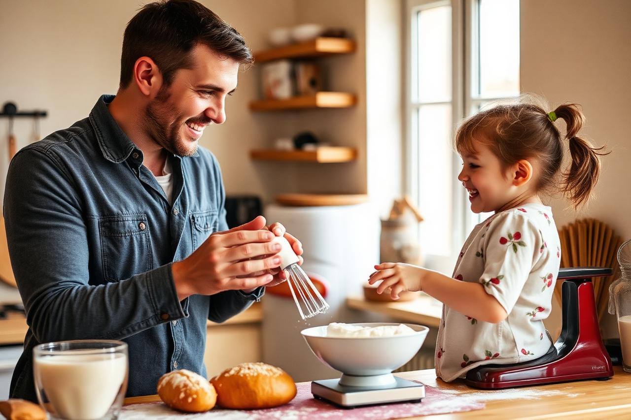 A parent and child working through a project at a wooden table