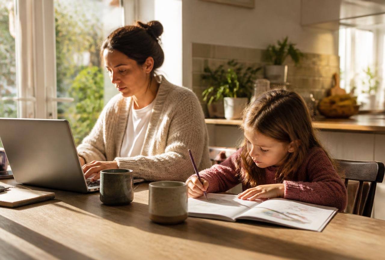 A parent working at a laptop while their child draws beside them