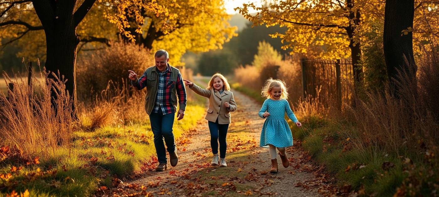 A UK family walking a countryside footpath together in autumn, children collecting leaves during a home education nature walk